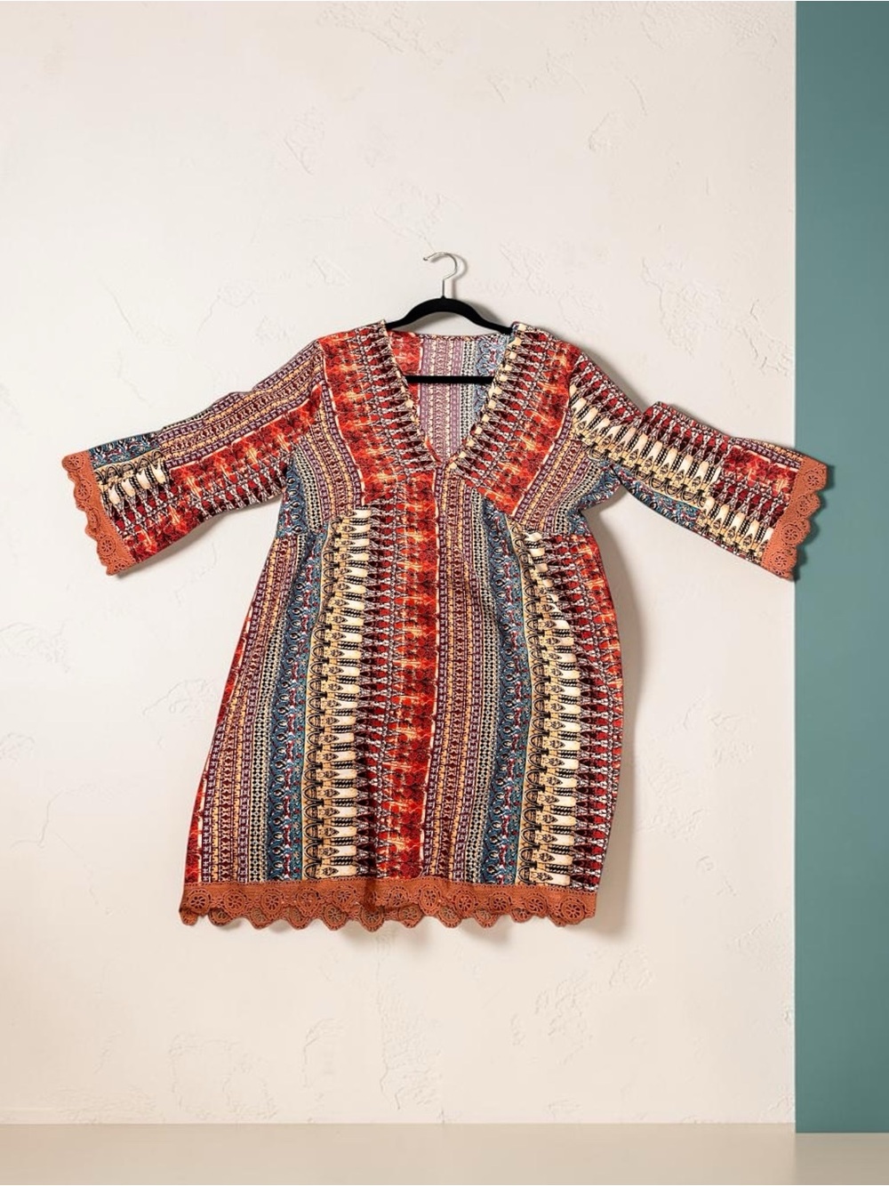 Boho Printed V-Neck Dress Crochet Lace Trim Bell Sleeve Orange Red Multicolor - Picture 6 of 9